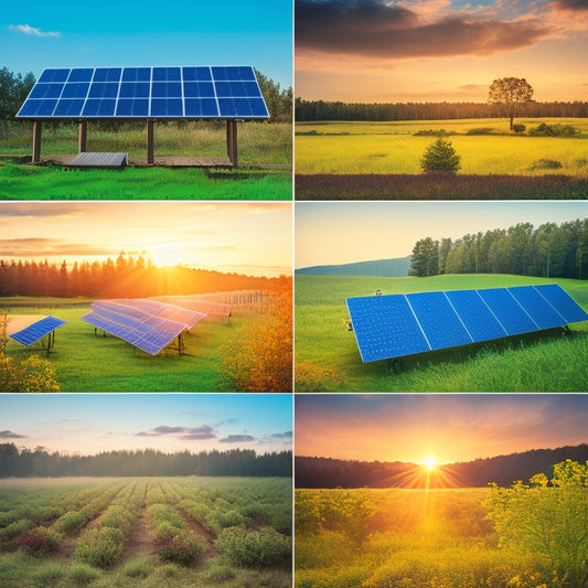 A serene landscape with seven distinct solar panel setups, each with varying panel sizes, mounts, and angles, surrounded by lush greenery, with a subtle sun glow in the background.