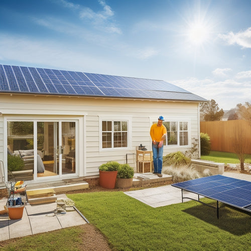 A sunny backyard with a house in the background, a person in the foreground wearing a hard hat and holding a solar panel, with a toolbox and ladder nearby, and a subtle grid of solar panels on the roof.