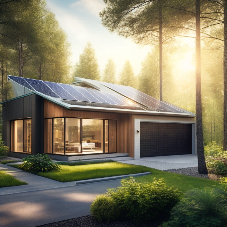 A modern home with sleek solar panels on the roof, surrounded by lush greenery. A high-tech battery system is visible in a stylish garage, with sunlight reflecting off the panels, showcasing efficiency and sustainability.