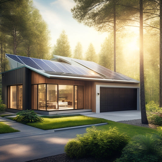 A modern home with sleek solar panels on the roof, surrounded by lush greenery. A high-tech battery system is visible in a stylish garage, with sunlight reflecting off the panels, showcasing efficiency and sustainability.