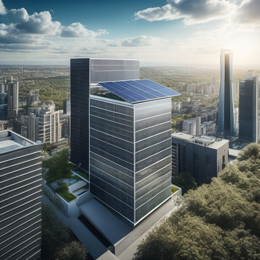 A modern, sleek, silver-gray skyscraper with a lush green rooftop garden, surrounded by a cityscape, featuring a array of solar panels on the roof and walls, with shiny metallic frames.