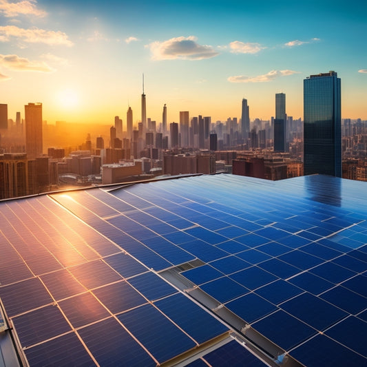 A sunny rooftop with sleek, black solar panels installed, surrounded by bustling cityscape in the background, with a subtle dollar sign pattern etched into the reflective glass surface.