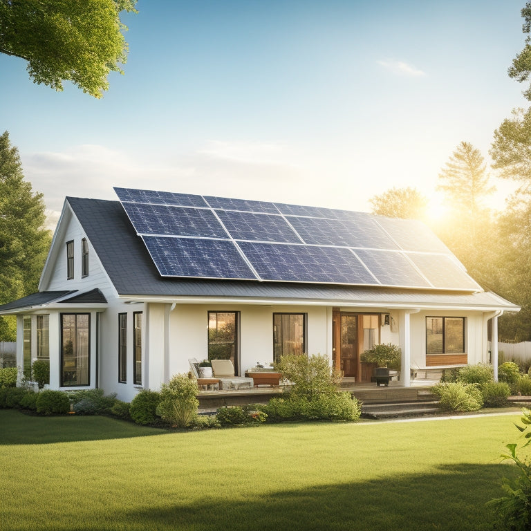 A serene suburban home with solar panels installed on the roof, surrounded by lush greenery, with a bright blue sky and a few fluffy white clouds, and a subtle sun glow emanating from behind the panels.