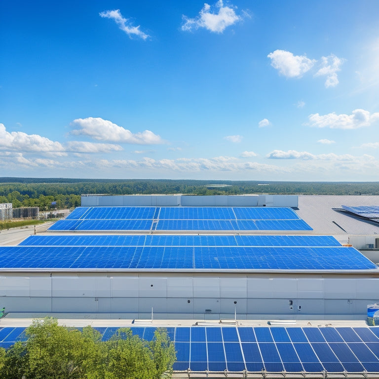 Aerial view of a modern commercial rooftop with a mix of solar panels, wind turbines, and greenery, set against a bright blue sky with fluffy white clouds.