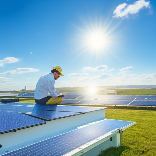 A serene landscape with a background of clear blue sky and fluffy white clouds, featuring a rooftop with installed solar panels, and a person in the foreground examining a solar panel with a magnifying glass.