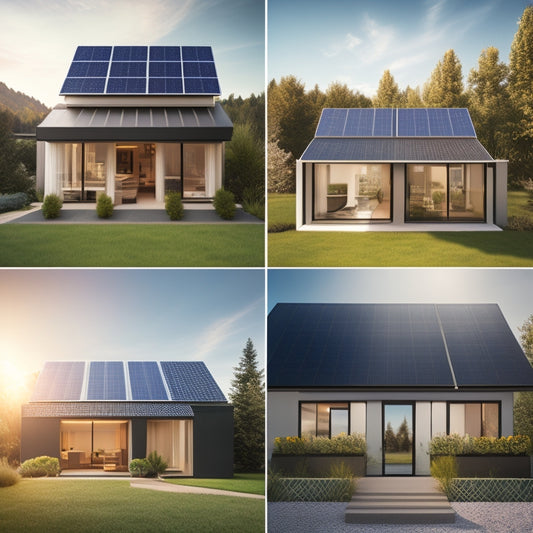 A photorealistic image featuring a modern house with four different types of solar panels installed: monocrystalline, polycrystalline, thin-film, and bifacial, each with distinct panel textures and mounting styles.