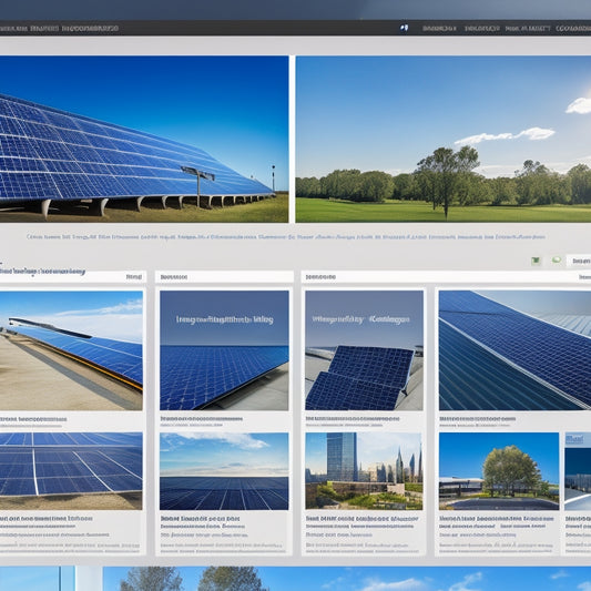 A vibrant, sunlit online marketplace displaying sleek commercial solar panels, with a background of a modern office building rooftop. Detailed product images, comparison charts, and customer reviews visible on the computer screen.