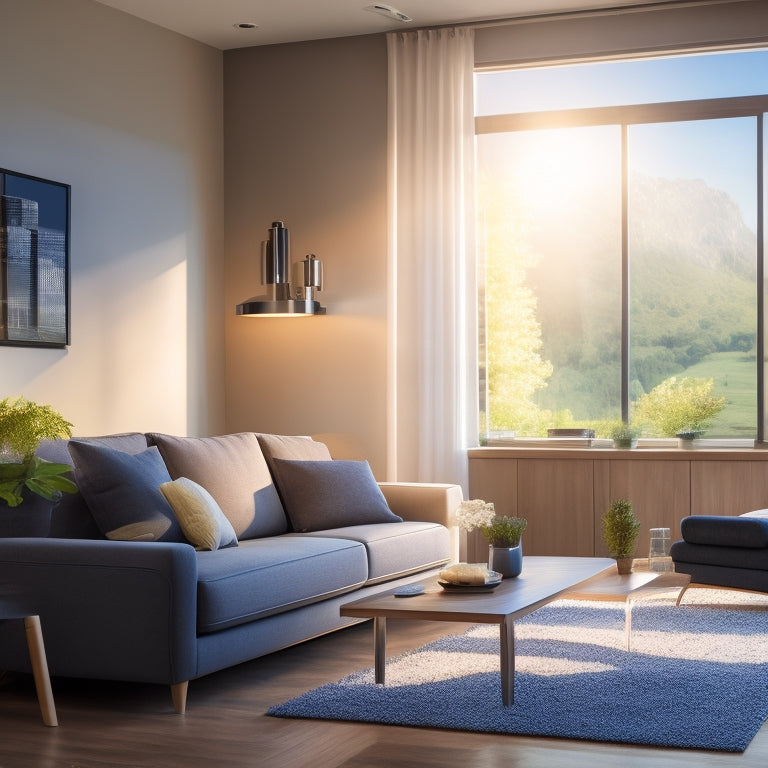 A modern living room featuring smart devices: a sleek thermostat displaying energy usage, smart LED lights illuminating the space, and a smartphone controlling everything, with sunlight streaming through energy-efficient windows.