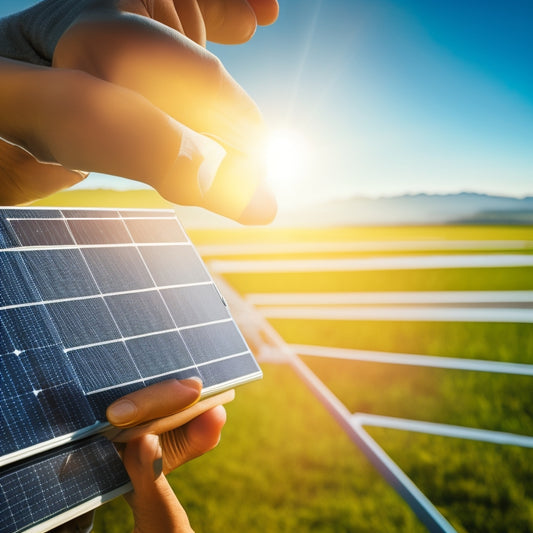 An illustration of a person holding a magnifying glass, inspecting a solar panel with various components highlighted, such as cells, inverters, and mounting systems, set against a bright blue sky with sun rays.