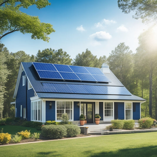 A serene suburban home with sleek, black solar panels installed on the roof, angled to capture sunlight, amidst lush green trees and a bright blue sky with a few puffy white clouds.