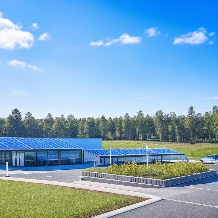 A modern commercial building with solar panels on the roof, wind turbines in the background, lush greenery surrounding, electric vehicle charging stations, and a clear blue sky, symbolizing sustainable energy solutions.