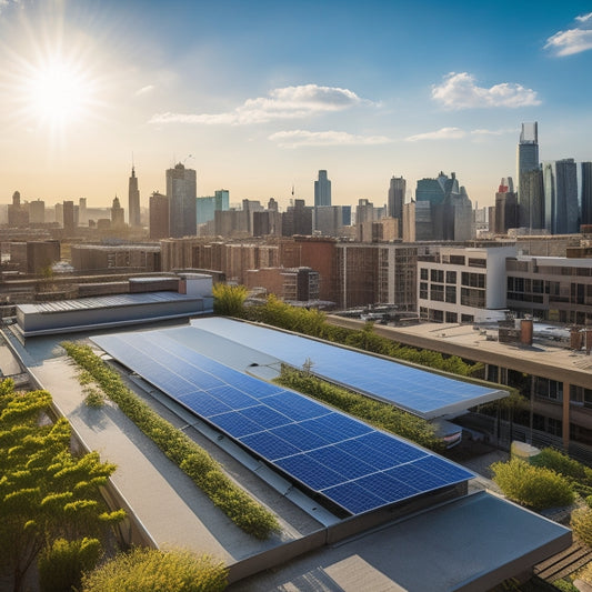 A small urban rooftop adorned with sleek, high-efficiency solar panels glistening under a bright blue sky. Nearby, vibrant green plants and a city skyline create a harmonious blend of nature and technology.