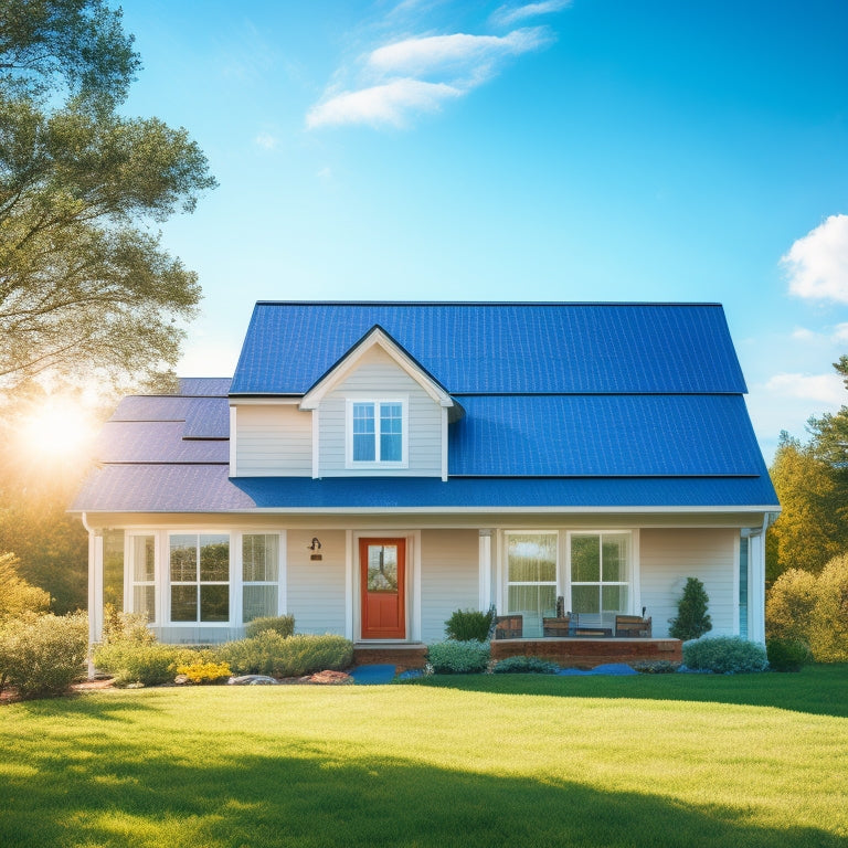 A serene suburban home with a sloping roof, solar panels installed on the south-facing side, a gentle sun shining down, and a few fluffy white clouds in a bright blue sky.