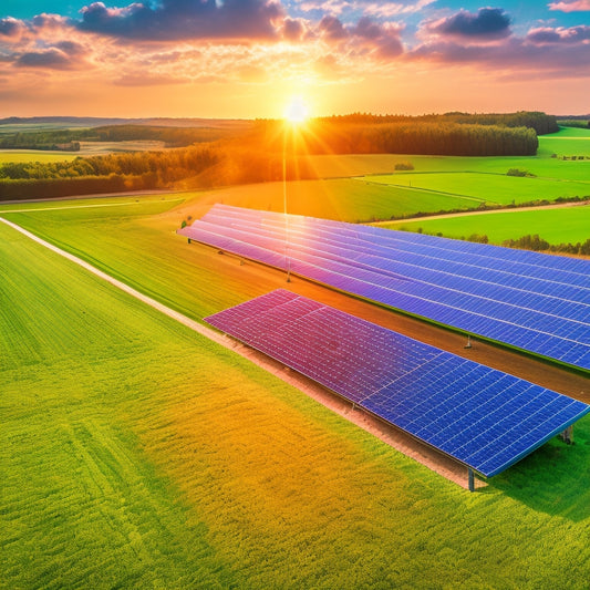 A vibrant solar farm with sleek solar panels glistening under the sun, surrounded by green fields and a modern eco-friendly business structure, showcasing energy independence and sustainability in a harmonious landscape.