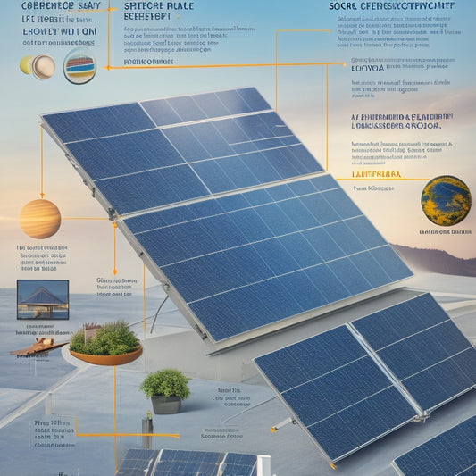 A split-screen illustration featuring a solar panel array on a rooftop on one side and a detailed, exploded view of a solar system's 7 components on the other, with each part labeled with a price tag.