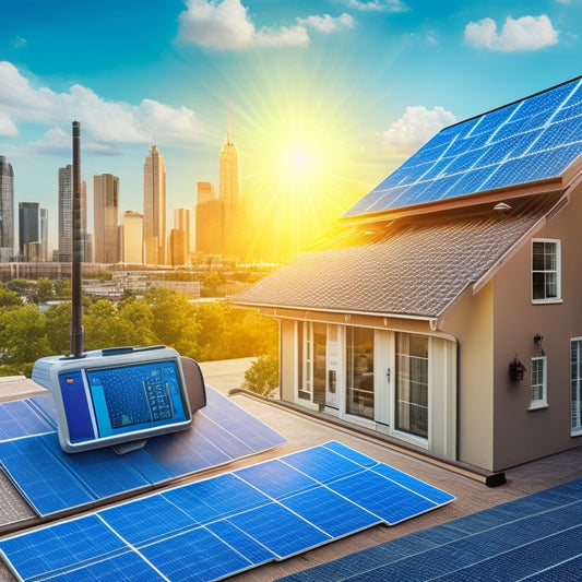 An illustration featuring a solar panel array on a rooftop with measuring tape, calculator, and a cityscape in the background, surrounded by icons of a house, money, and a sun.