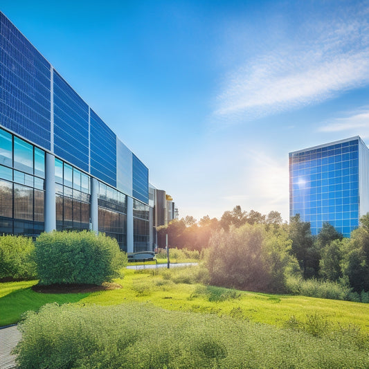 A sleek, modern office building adorned with vibrant solar panels, integrating greenery and cutting-edge architecture, surrounded by bustling city life under a bright blue sky, showcasing sustainability and innovation in design.