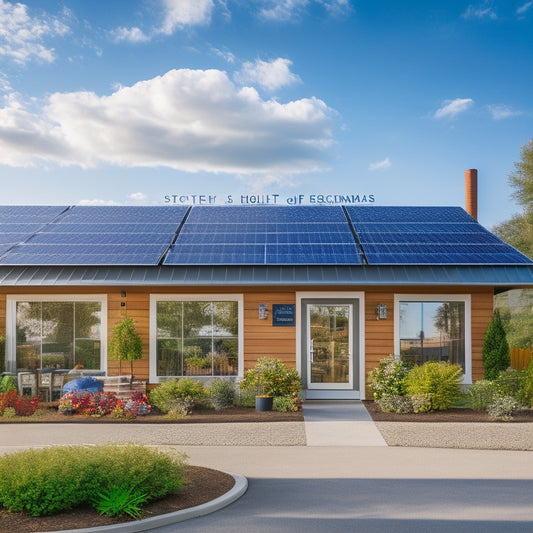A vibrant small business storefront with solar panels on the roof, wind turbines in the background, and lush greenery surrounding the building, symbolizing sustainability and eco-friendly practices in action.