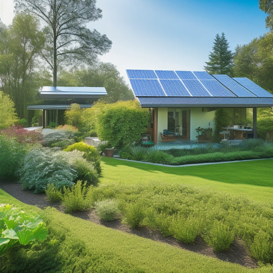 A serene eco-friendly home surrounded by lush greenery, showcasing solar panels on the roof, a vibrant garden with native plants, and a clear blue sky, emphasizing sustainability and harmony with nature.