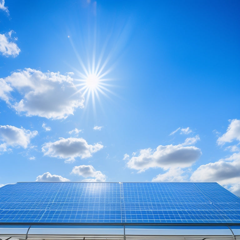 A bright blue sky with fluffy white clouds, a modern commercial building with sleek solar panels on the rooftop, and a subtle grid of energy-efficient LED lights glowing in the windows.