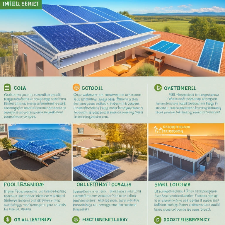 A split-screen illustration featuring a rooftop with installed solar panels on one side and a breakdown of cost components (e.g., panels, inverters, installation, permits) on the other, using icons and simple graphics.