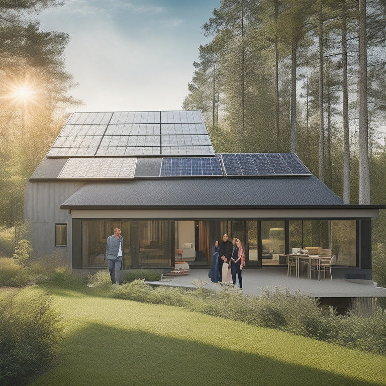 A serene, off-grid home surrounded by lush nature, showcasing sleek solar panels on the rooftop, with bright sunlight casting dynamic shadows, and a family enjoying their sustainable, eco-friendly lifestyle in the background.