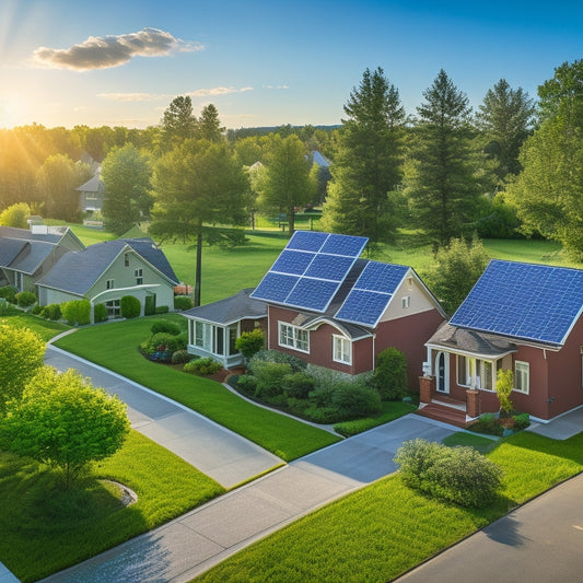 A suburban neighborhood with houses featuring sleek solar panels on their rooftops, glowing under a bright sun, surrounded by lush green lawns and trees. Panels glisten, emphasizing advanced technology and high efficiency.