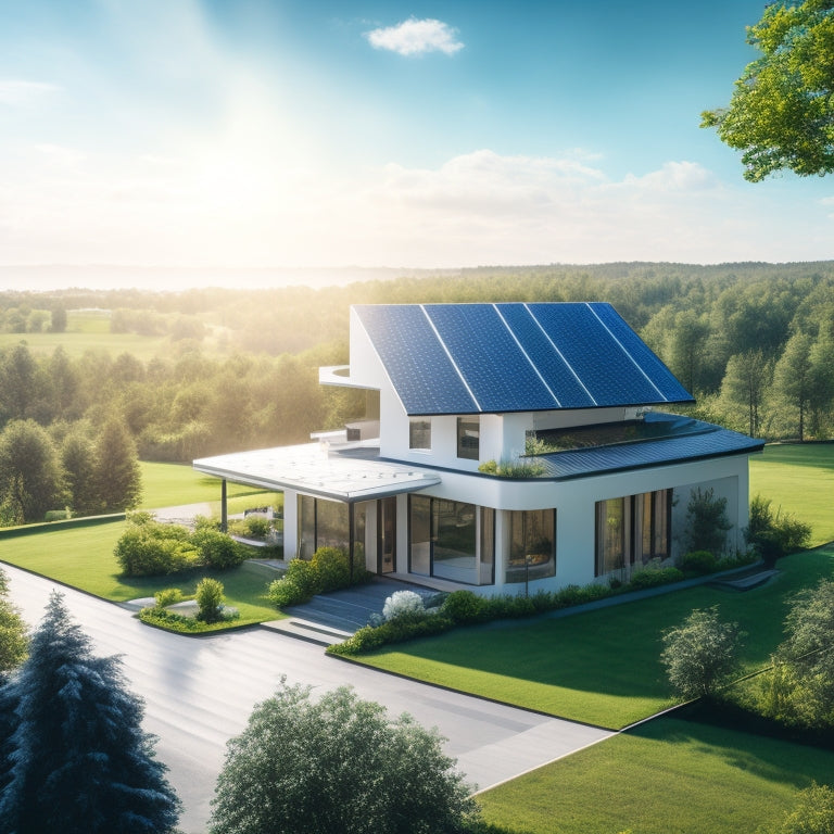 A serene landscape with a modern house, rooftops covered in sleek solar panels, surrounded by lush green trees and a bright blue sky with a few puffy white clouds.