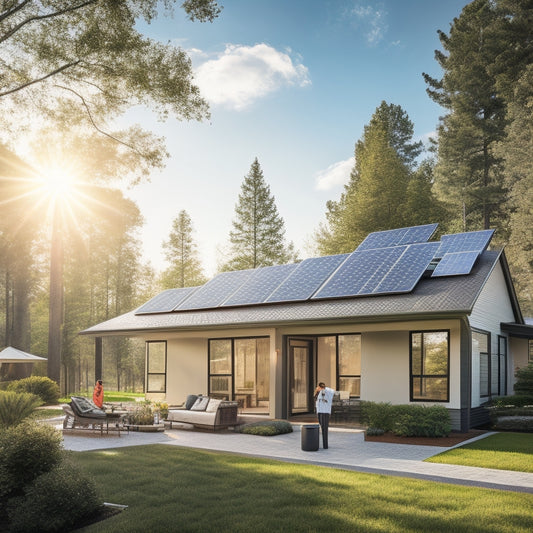 A modern suburban home with a roof covered in sleek solar panels, a bright sun shining overhead, surrounded by green trees, and a technician in the foreground installing the panels using professional equipment.