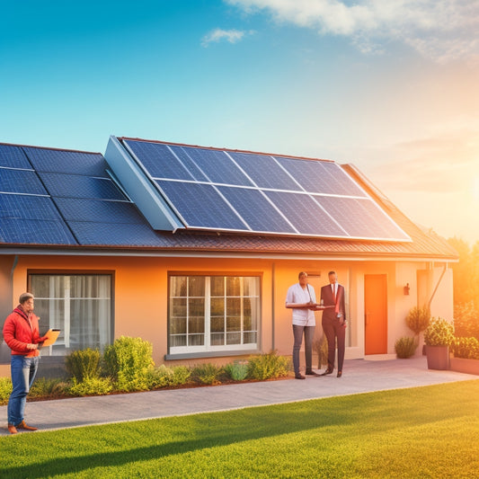 An illustration of a person standing in front of a house with solar panels on the roof, holding a tablet with a chart displaying increasing profits, surrounded by greenery and a sunny sky.