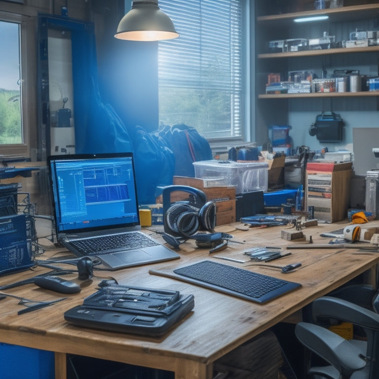 A detailed, modern workspace with a solar inverter on a workbench, surrounded by repair tools, a laptop displaying diagnostic software, and a technician in work gloves, focused on the task. Bright, clean, and organized setting.