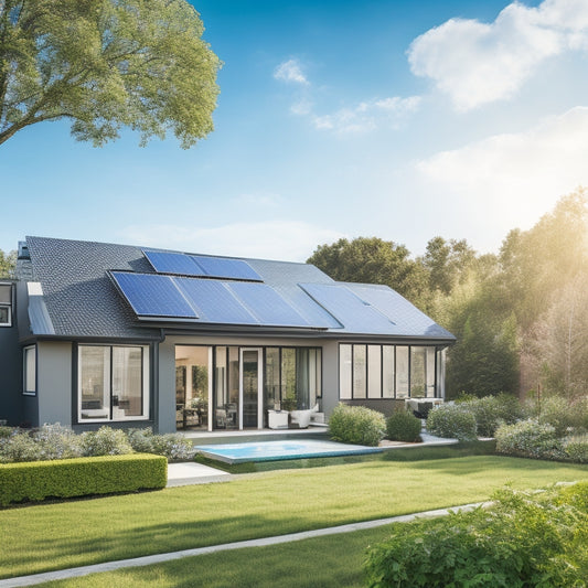 A serene suburban home with a sloping roof, covered in a mix of shiny black and sleek silver solar panels, surrounded by lush greenery and a bright blue sky with a few puffy white clouds.