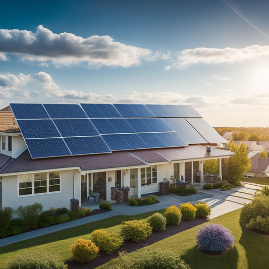 A serene suburban landscape with three prominent solar panels from different brands (e.g., Tesla, Panasonic, and SunPower) installed on three separate rooftops, set against a bright blue sky with fluffy white clouds.
