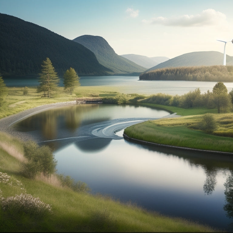 A serene landscape featuring a wind turbine, solar panels, and a hydroelectric dam, surrounded by lush greenery, with a subtle water stream flowing through the center, symbolizing harmony with nature.