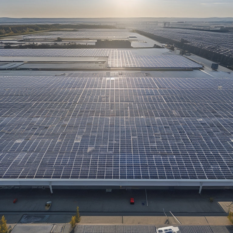 Aerial view of a large factory rooftop covered in rows of sleek, silver solar panels, with shiny metal frames and dark glass surfaces, amidst a backdrop of urban industrial landscape.