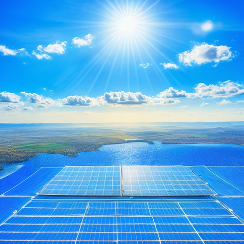 An aerial view of a state map with sunbeams radiating from specific regions, each marked with a miniature solar panel icon, set against a bright blue sky with fluffy white clouds.