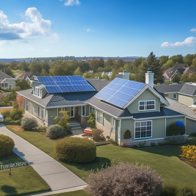 A serene suburban neighborhood with various rooftops featuring solar panels, some with greenery surrounding them, against a bright blue sky with a few fluffy white clouds.