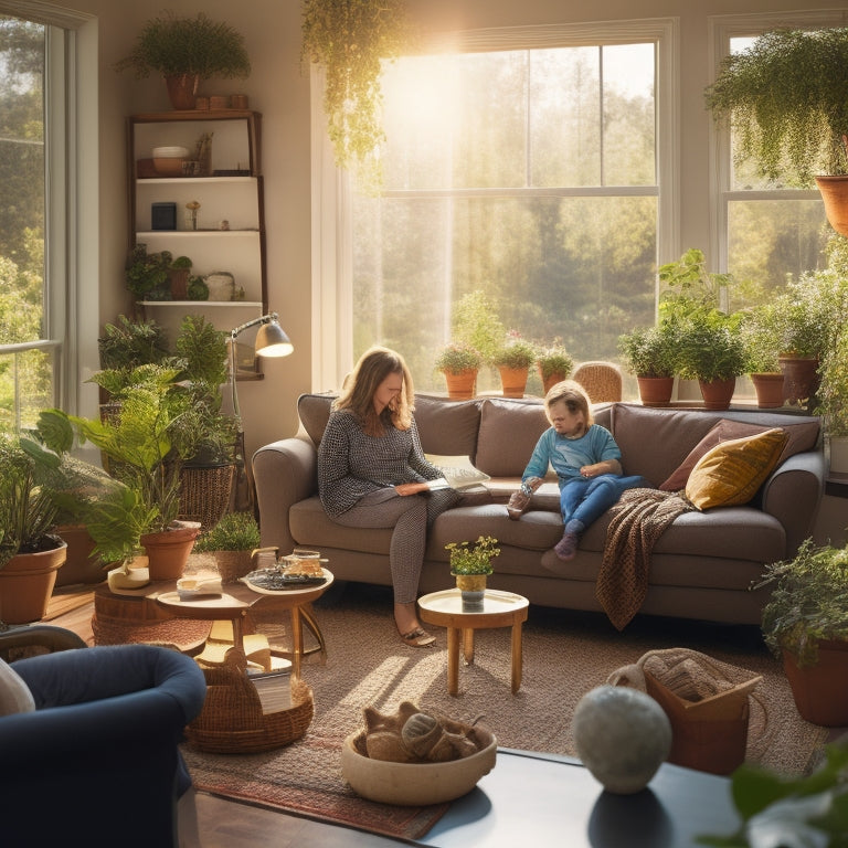 A cozy, sunlit living room featuring potted plants, energy-efficient appliances, LED light bulbs, solar panels visible through a window, and a family using natural light to read, creating a warm, sustainable atmosphere.