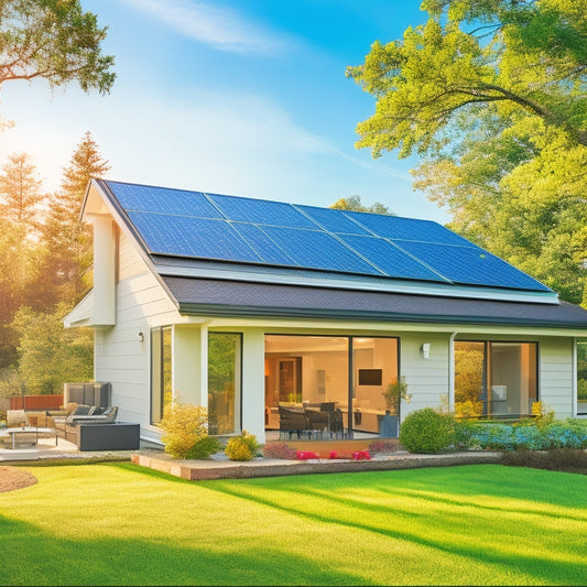 A modern suburban home with a roof covered in sleek solar panels, surrounded by green trees and a clear, sunny sky, with a technician assessing the panels and a digital tablet displaying cost estimation charts.