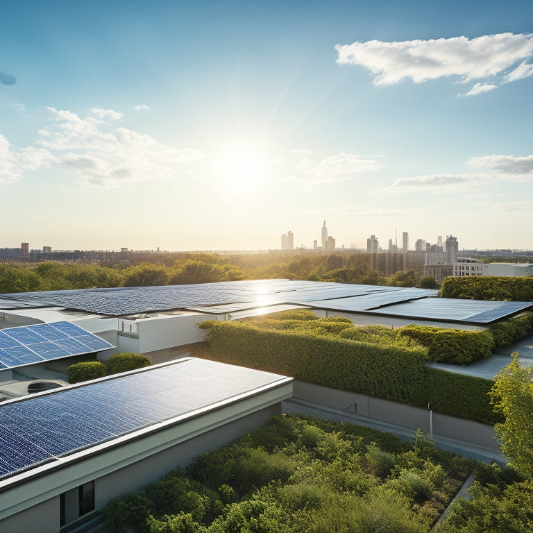 A serene, modern rooftop with multiple solar panels of varying sizes and designs, nestled among sleek, silver mounting systems, surrounded by lush greenery and a radiant blue sky.