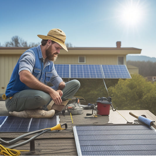 A frustrated homeowner on a roof with mismatched tools and solar panels, tangled wires, and an instruction manual, contrasting with a professional team with proper equipment, efficiently installing solar panels on a neighboring roof.