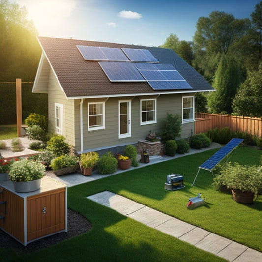 Generate an image depicting a sunny backyard with a newly installed solar panel array on a rooftop, with a ladder leaning against the side, and a toolbox and scattered tools on the grass below.