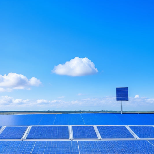 A bright blue sky with fluffy white clouds, a rooftop with various solar panels of different sizes and brands, and a few coins or a wallet in the foreground.