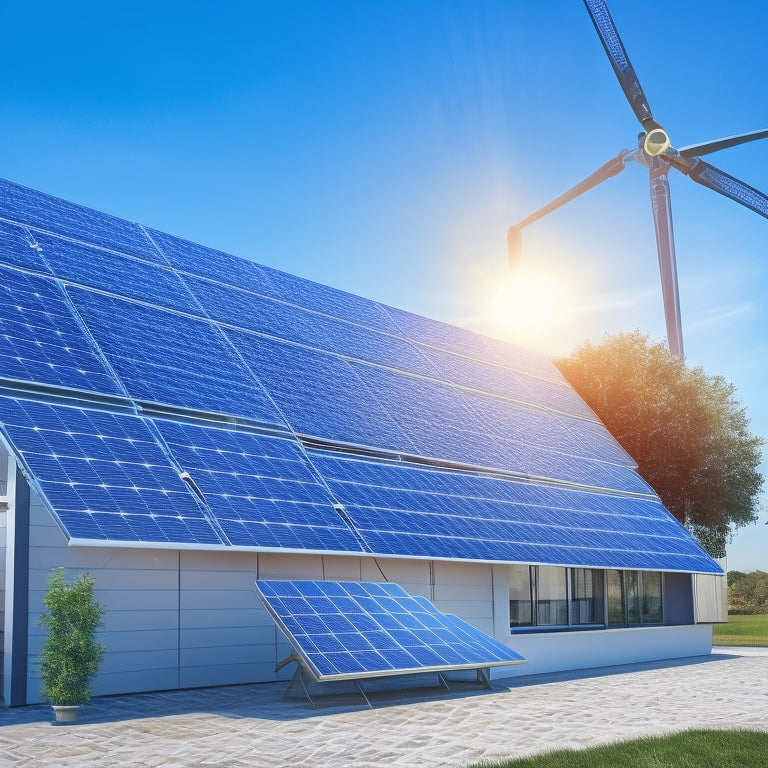 An illustration of a commercial building with solar panels on the roof, surrounded by mathematical symbols and formulas, with a calculator and a briefcase nearby, set against a bright blue sky.