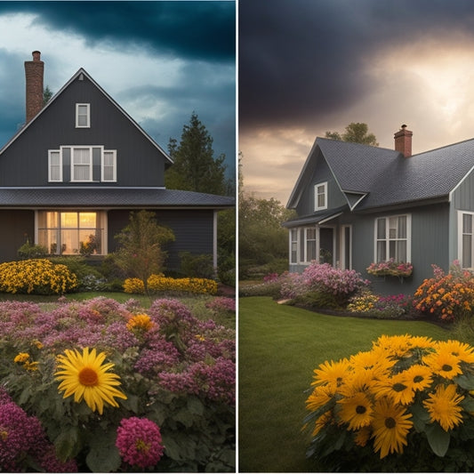 A split image: one side shows a dark, stormy sky over a house with broken solar panels, while the other side features a bright, sunny day with vibrant solar panels powering a lush green home surrounded by blooming flowers.