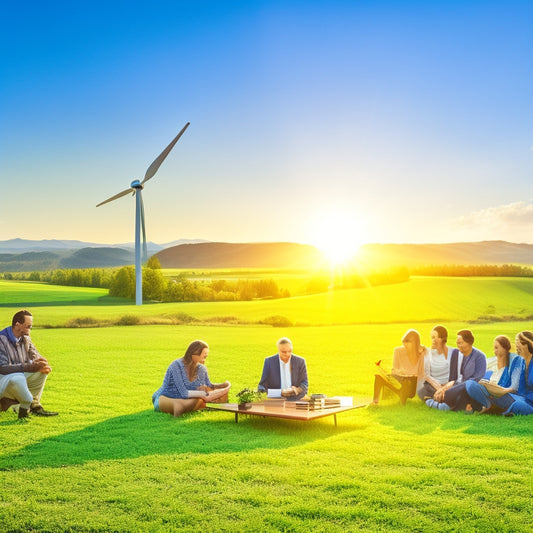 A sunlit landscape featuring solar panels and wind turbines, surrounded by vibrant greenery, with a diverse group of people discussing plans on a digital tablet, highlighting innovation and sustainability in renewable energy.