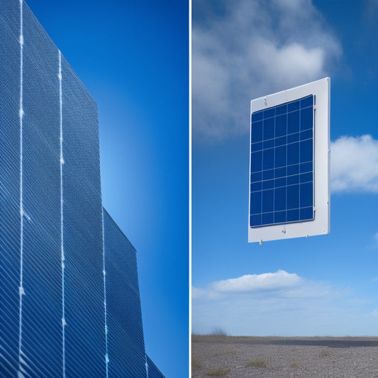 A split-screen image featuring a white solar panel with a clean, modern aesthetic on one side, and a traditional blue or black solar panel with a more industrial look on the other.
