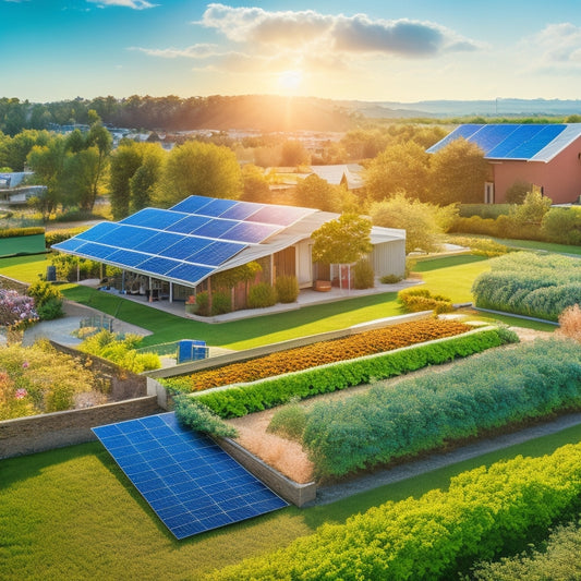 A sun-drenched landscape featuring solar panels on rooftops, vibrant green gardens, and eco-friendly shopping bags filled with fresh produce, showcasing a harmonious blend of technology and nature under a bright blue sky.