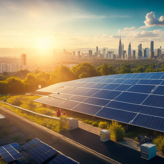 A vibrant landscape featuring solar panels on rooftops, green energy symbols, a sun shining brightly, and people engaging with renewable technology, all set against a backdrop of a modern, eco-friendly city.