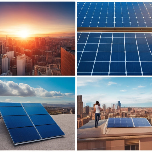 A split-screen image: a rooftop with solar panels installed, with a cityscape in the background, versus a rooftop without panels, with a wallet and coins scattered around, surrounded by a subtle grid pattern.